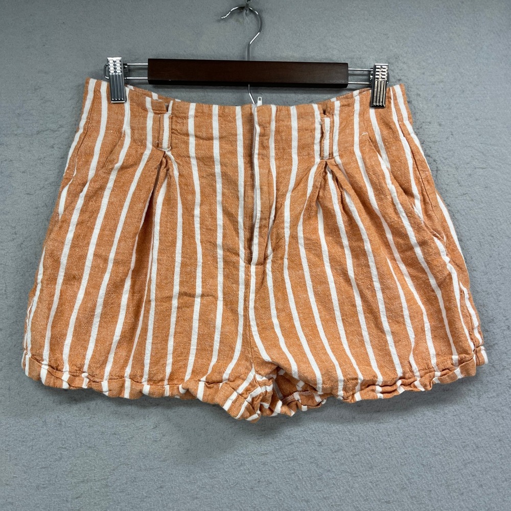 Forever 21 Shorts Womens Large Orange Striped High Rise Linen Blend Pleated Boho